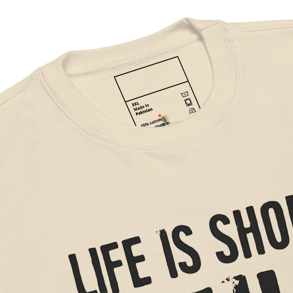 Beige t-shirt with 'Life is short' text and brand label on a white background