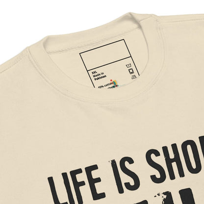 Beige t-shirt with 'Life is short' text and brand label on a white background