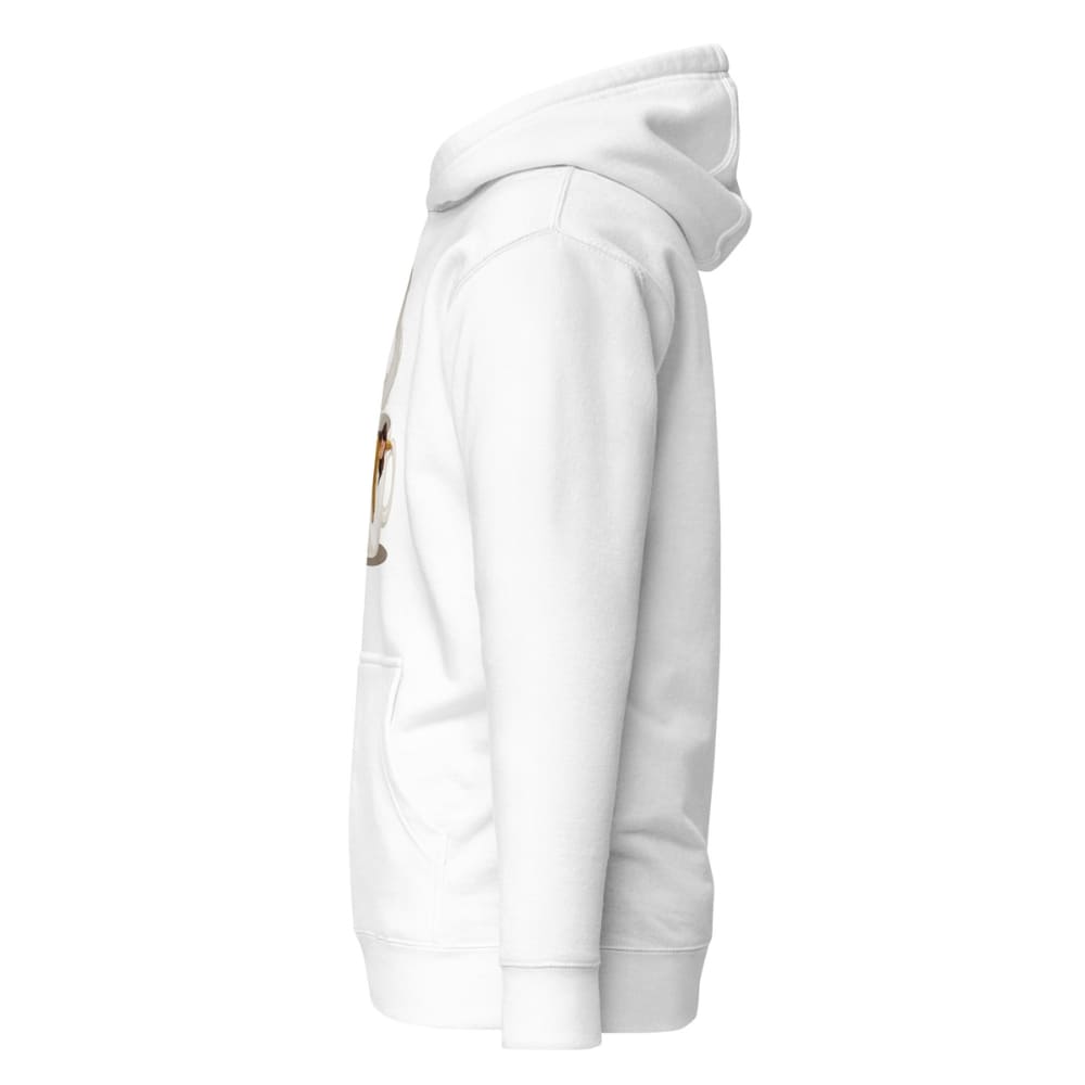 White hoodie with a small logo on the chest against a white background