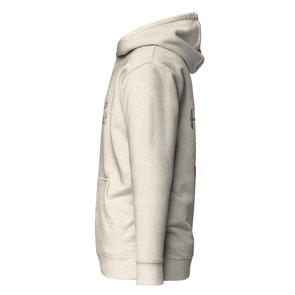 Light gray hoodie with brand logo on a white background