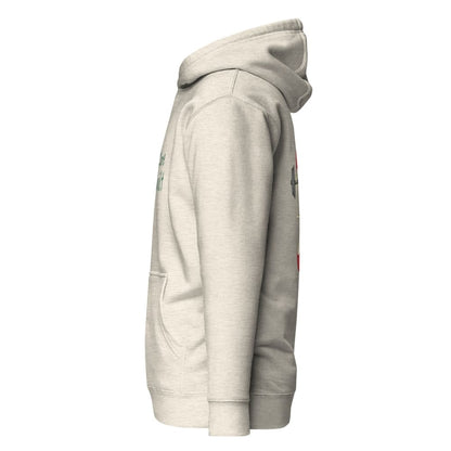 Light gray hoodie with brand logo on a white background