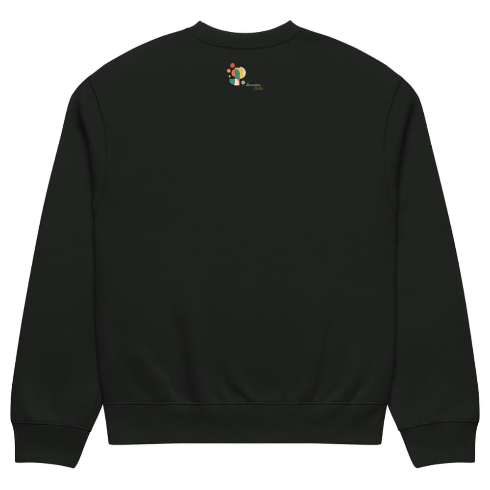 Black sweatshirt with a colorful logo on the chest against a white background