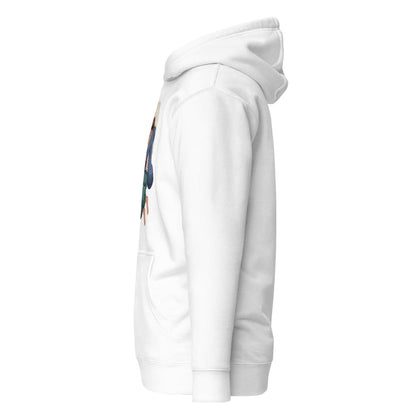 White hoodie with colorful graphic on sleeve against a white background