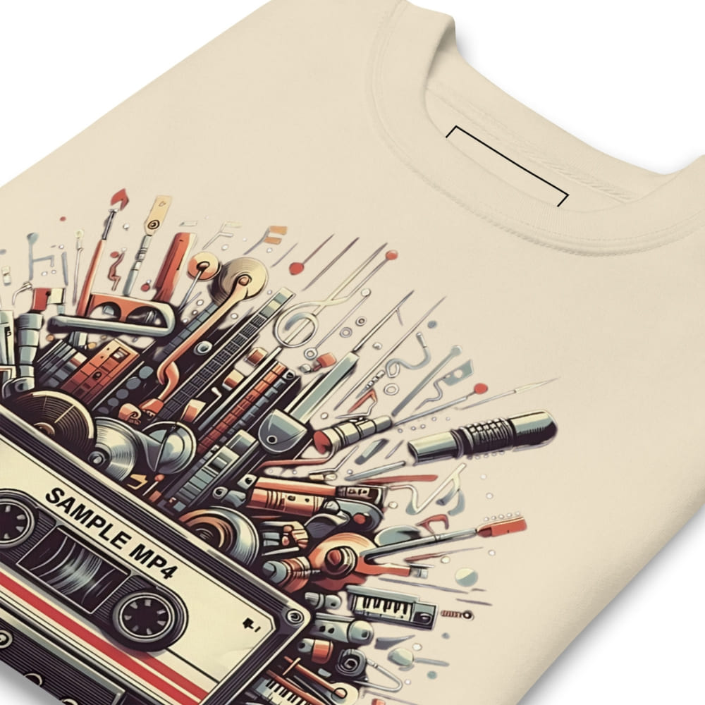 Beige sweatshirt with a colorful graphic design of tools and a cassette tape on a white background