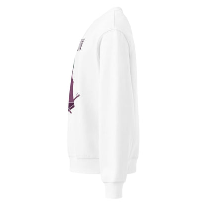 White hoodie with a small graphic on the sleeve against a white background