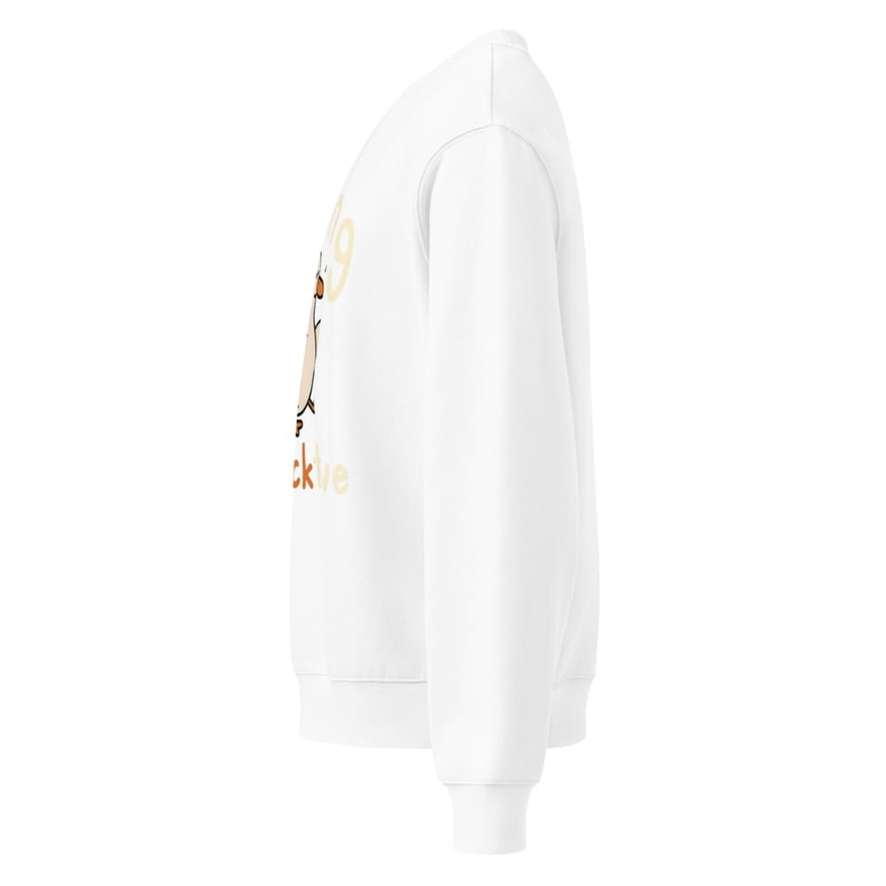 White hoodie with a brand logo on the sleeve against a white background
