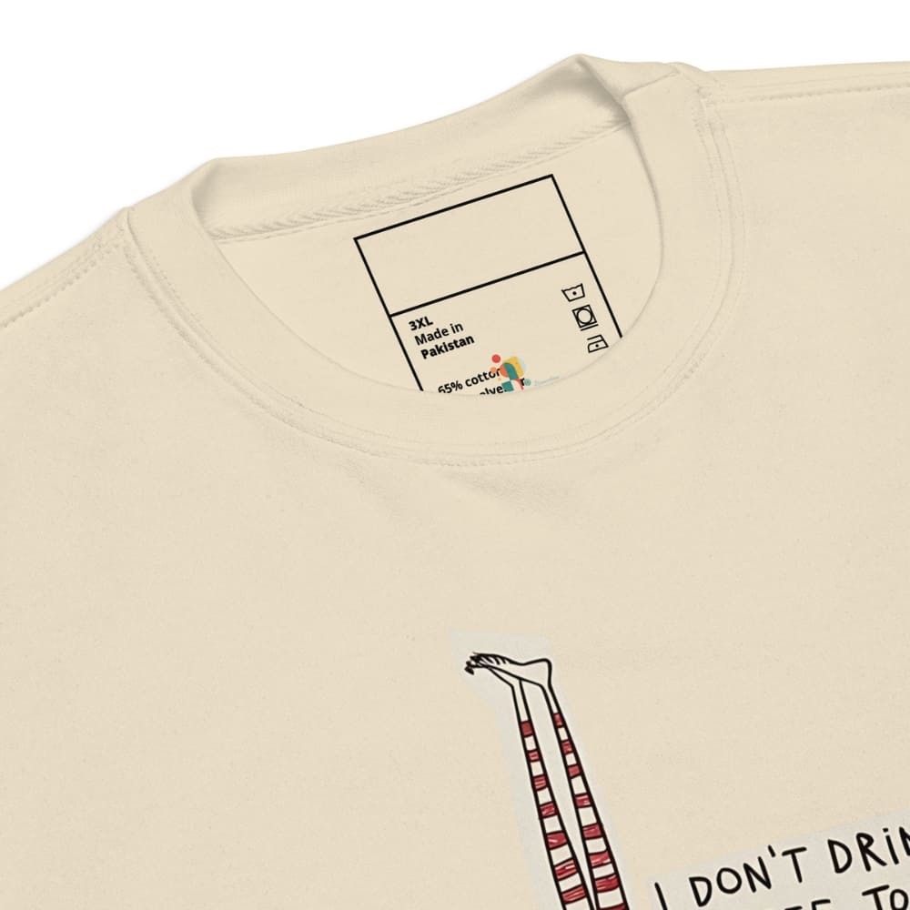 Beige t-shirt with a label and text on a white background