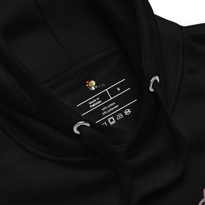 Black hoodie with a brand logo and care label on the chest.