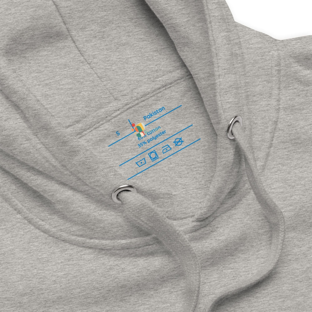 Gray hoodie with a brand logo on the chest pocket against a white background