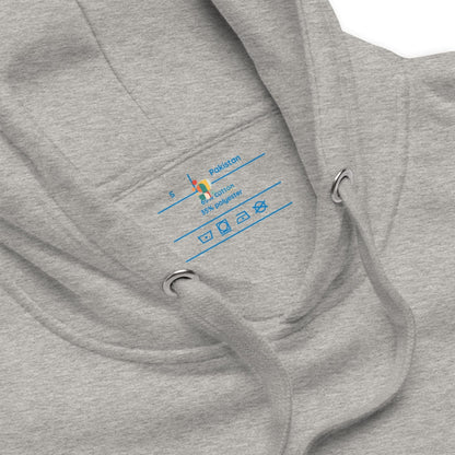 Gray hoodie with a brand logo on the chest pocket against a white background