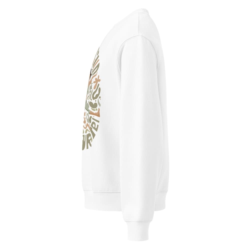 White hoodie with colorful graphic on the sleeve against a white background