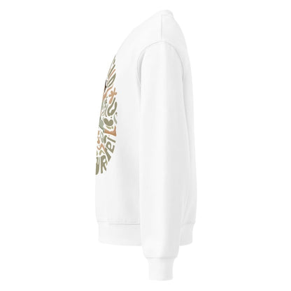 White hoodie with colorful graphic on the sleeve against a white background