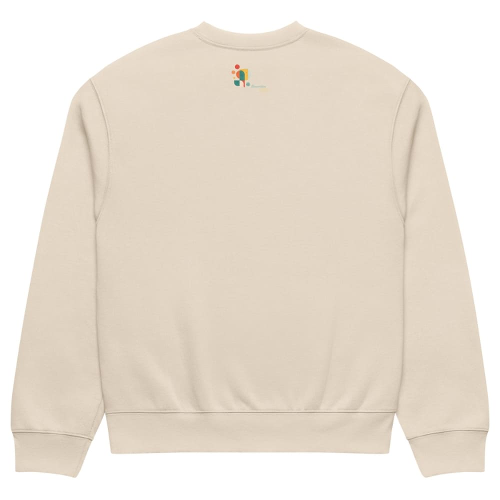 Beige sweatshirt with a small colorful logo on the back against a white background