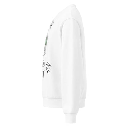 White hoodie with black text and graphics on a white background