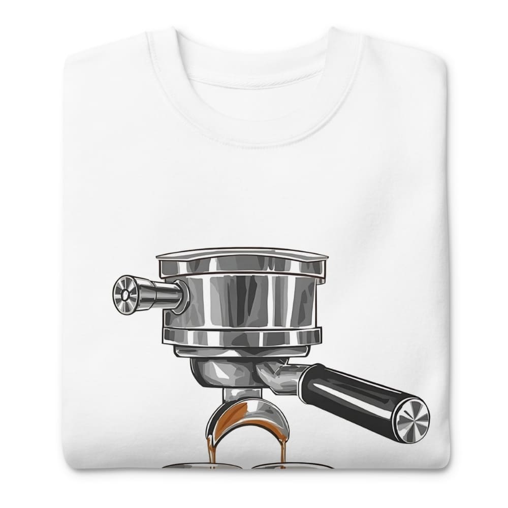 White t-shirt with a graphic of a coffee espresso machine on a white background