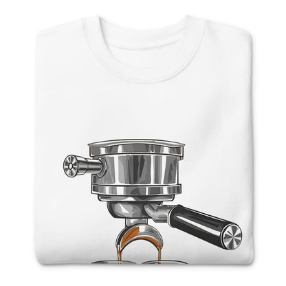 White t-shirt with a graphic of a coffee espresso machine on a white background
