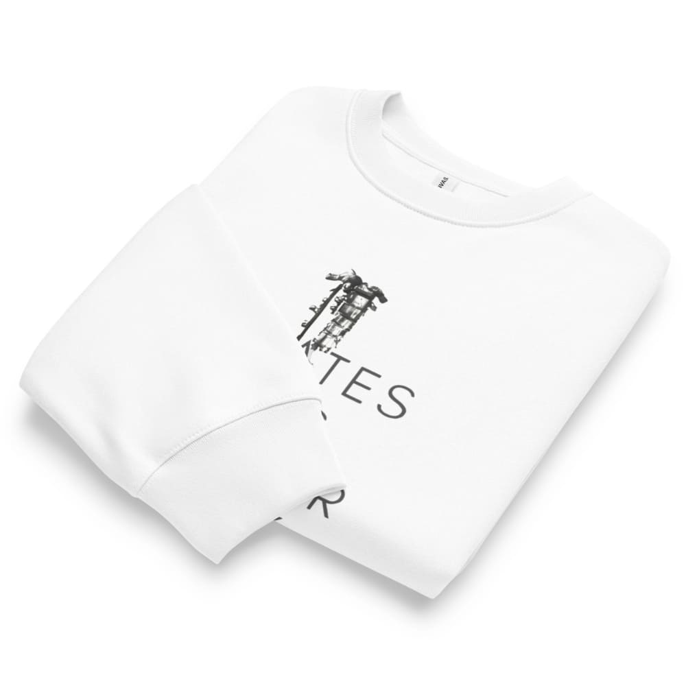 White t-shirt with black text and graphics on a white background