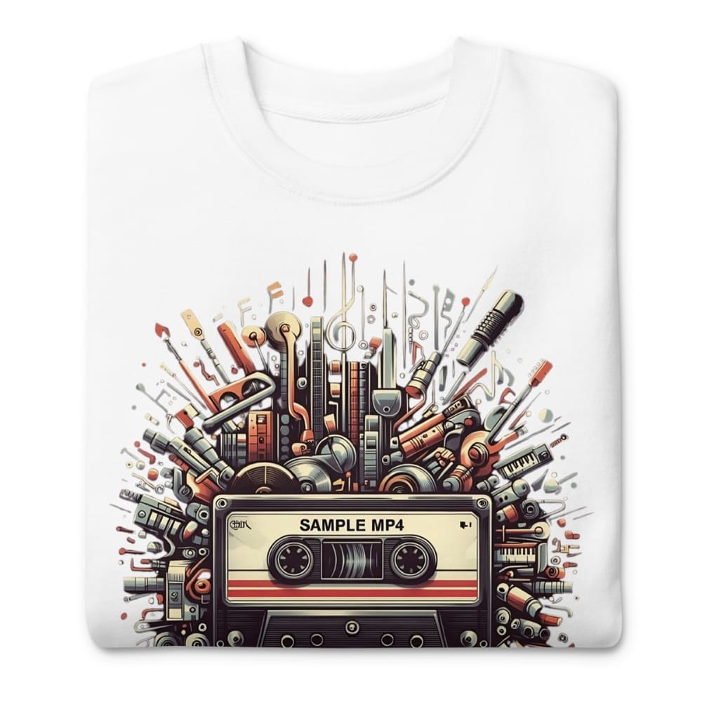 White sweatshirt with a colorful design of a cassette tape and musical instruments on a white background