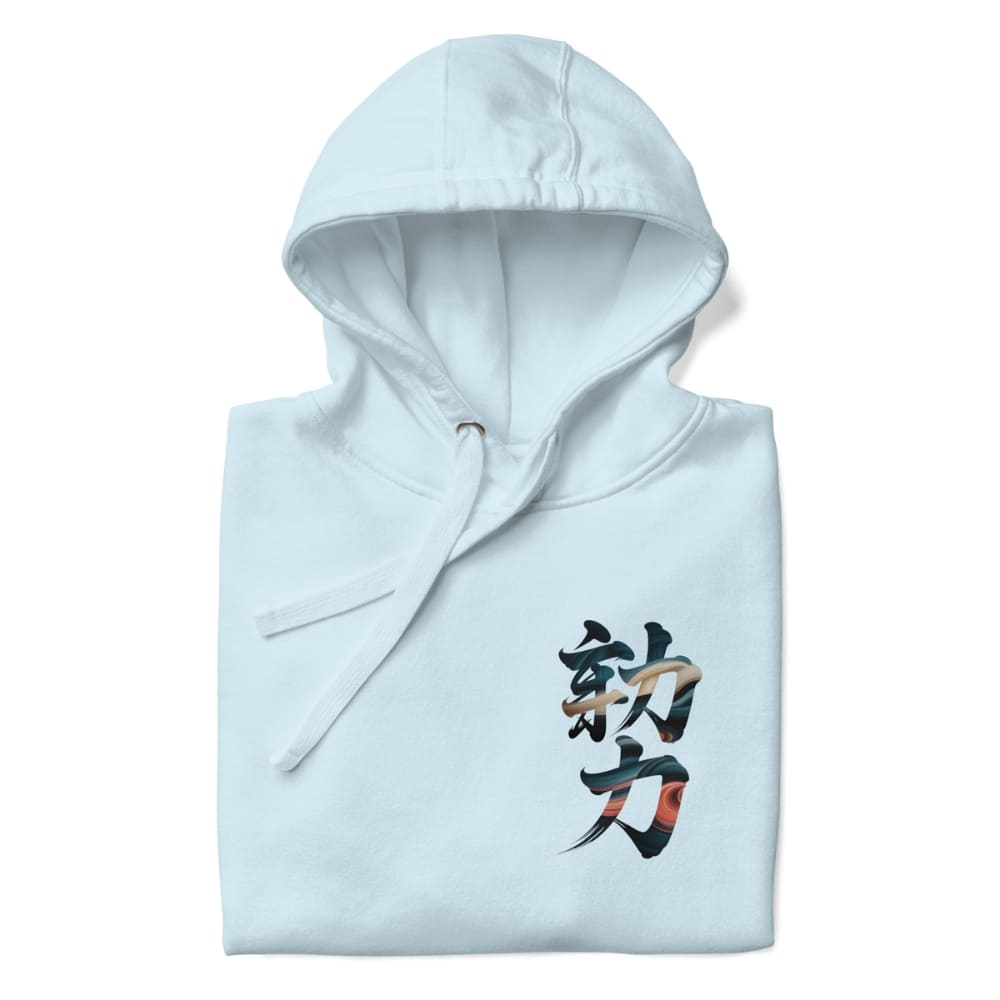 Light blue hoodie with black and red text on a white background