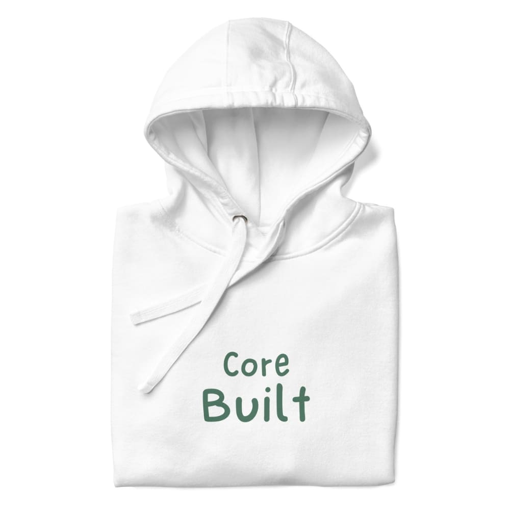 White hoodie with 'Core Built' text on a white background