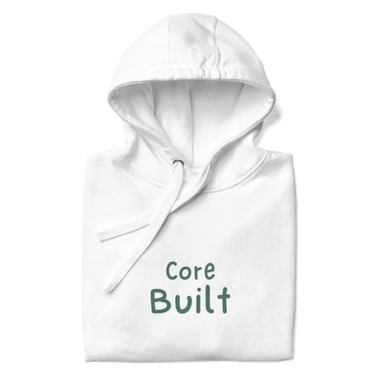 White hoodie with 'Core Built' text on a white background