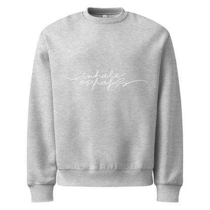 Gray sweatshirt with 'inhale exhale' text on a white background