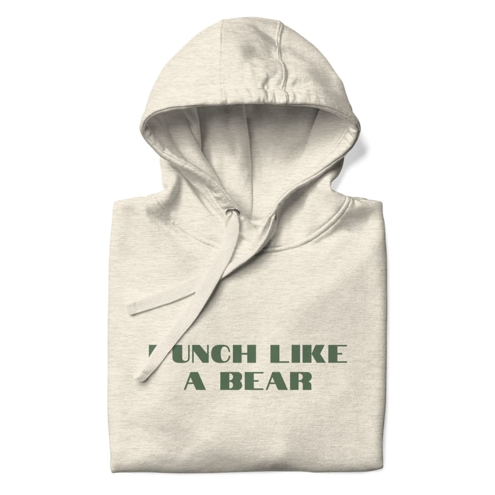 Beige hoodie with 'Punch Like a Bear' text on a white background