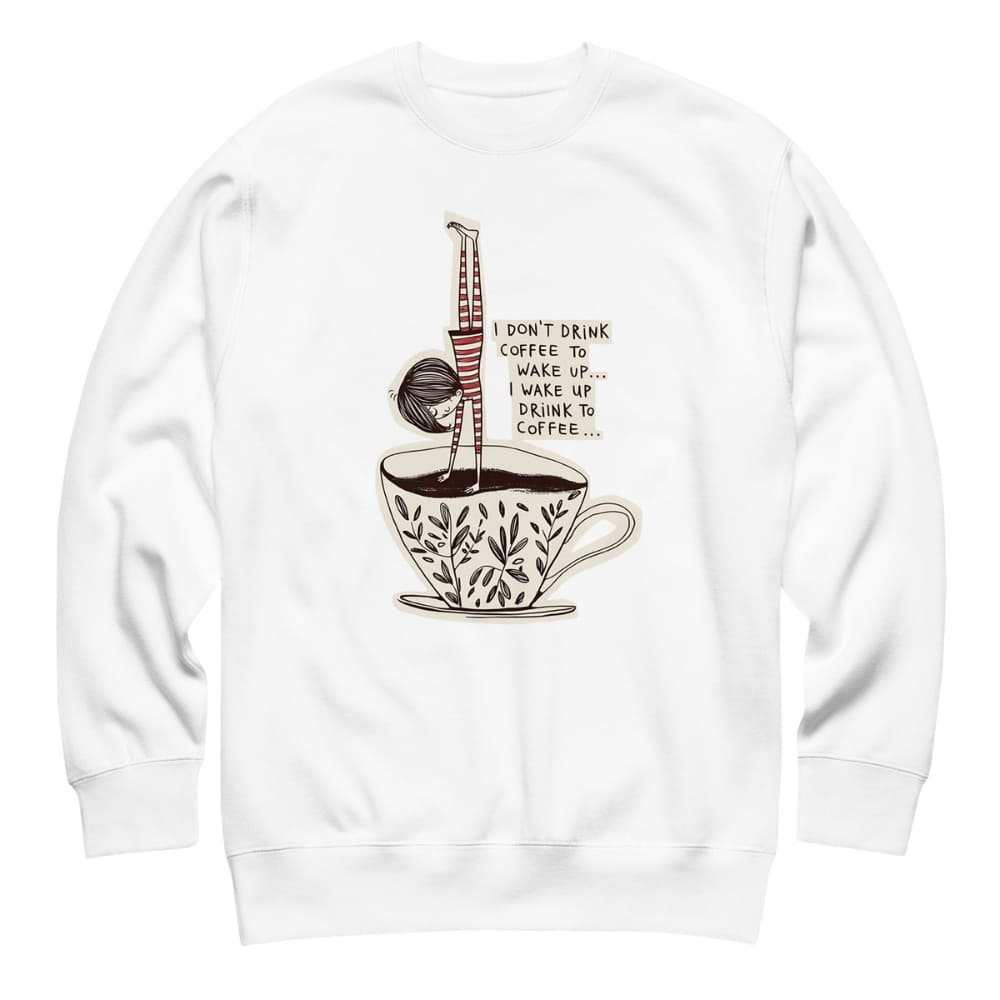 White sweatshirt with a coffee-themed graphic and text on a white background