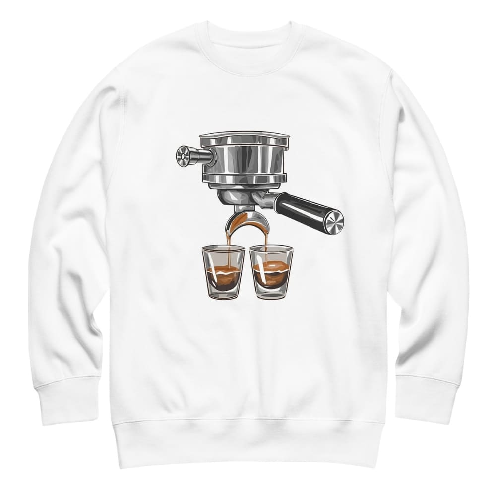 White sweatshirt with a coffee-themed graphic on the back