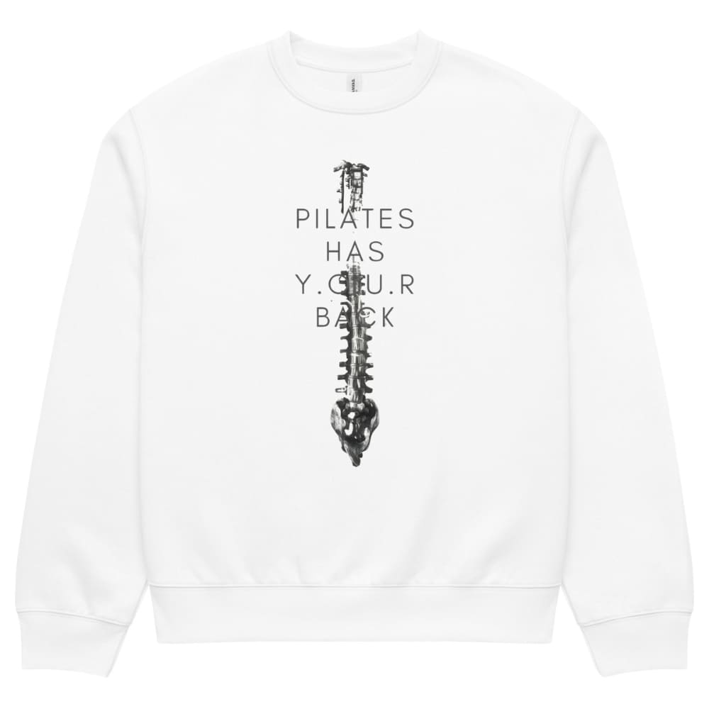 White sweatshirt with Pilates-themed design featuring a spine illustration and text on a white background
