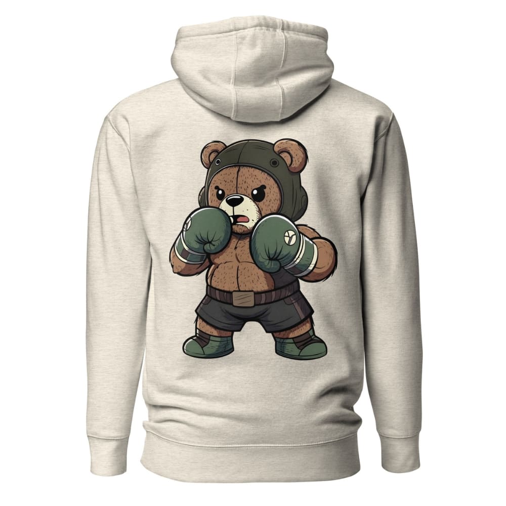 Beige hoodie with a bear character wearing boxing gloves on the back