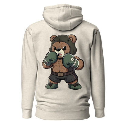 Beige hoodie with a bear character wearing boxing gloves on the back