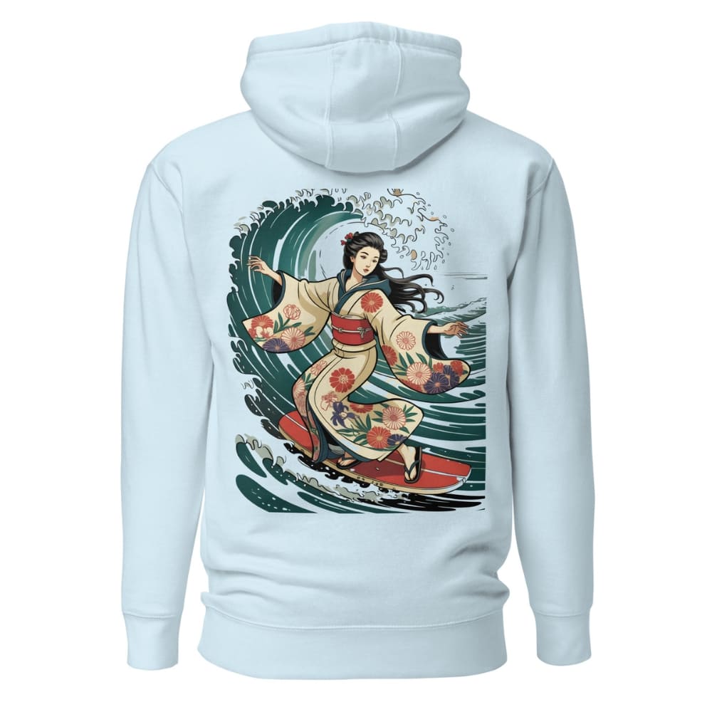Light blue hoodie with a colorful graphic of a woman in a kimono on the back, on a white background.