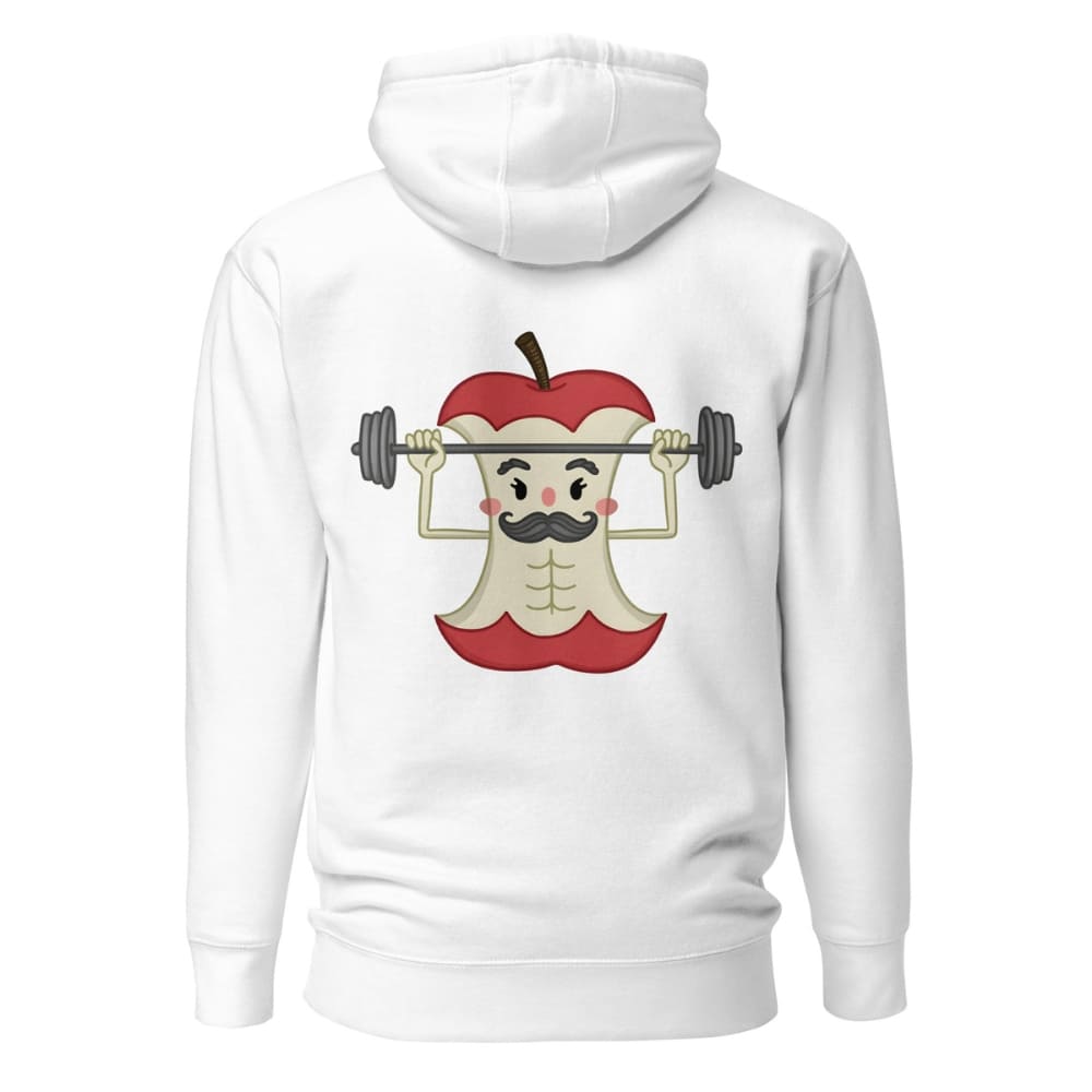 White hoodie with a cartoon apple character lifting weights on the back, on a white background