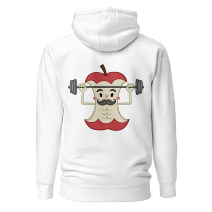 White hoodie with a cartoon apple character lifting weights on the back, on a white background