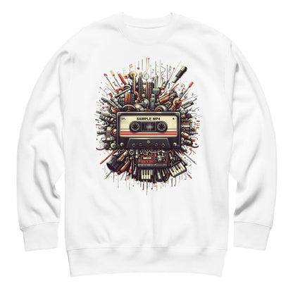 White sweatshirt with a cassette tape and music equipment graphic on a white background