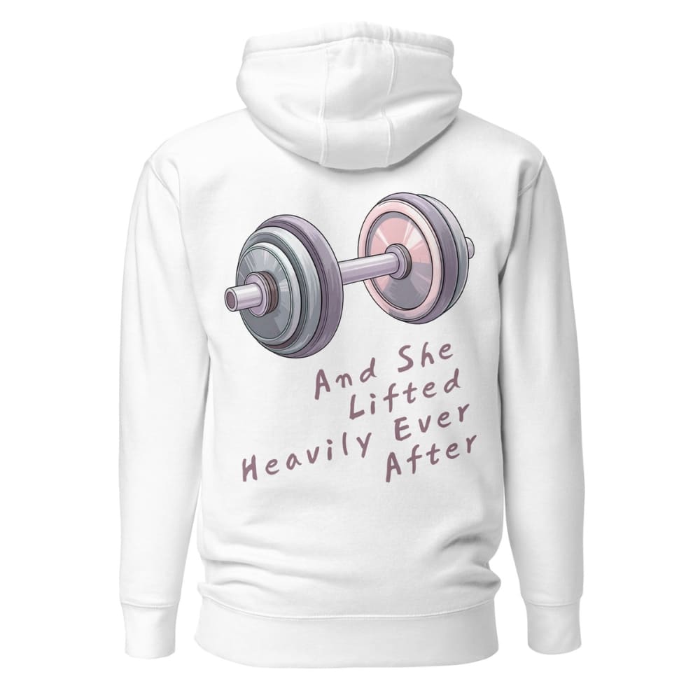 White hoodie with a graphic of a barbell and text on the back against a white background