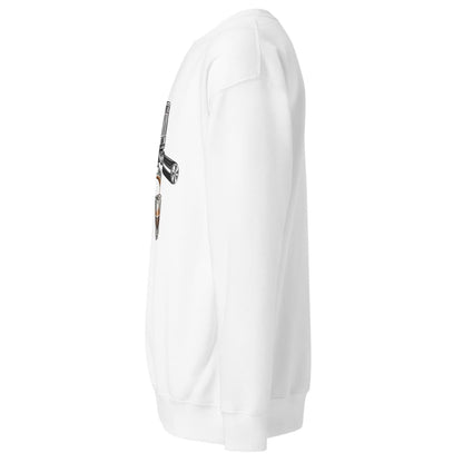 White hoodie with a small logo on the chest against a white background
