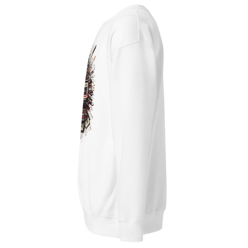 White sweatshirt with a colorful graphic on the sleeve against a white background