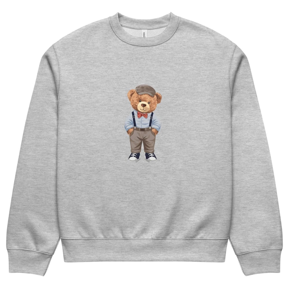 Gray sweatshirt with a teddy bear graphic on a white background