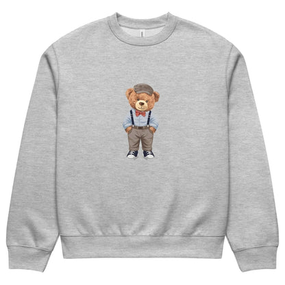 Gray sweatshirt with a teddy bear graphic on a white background