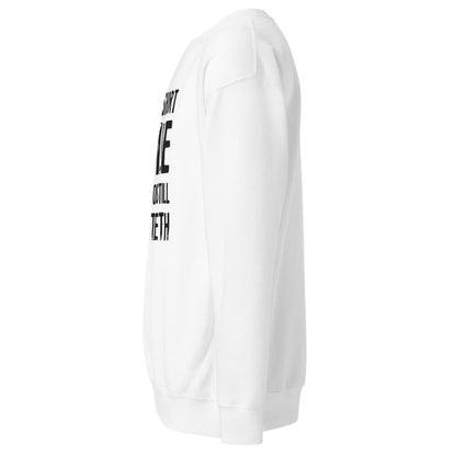 White sweatshirt with black text on a white background