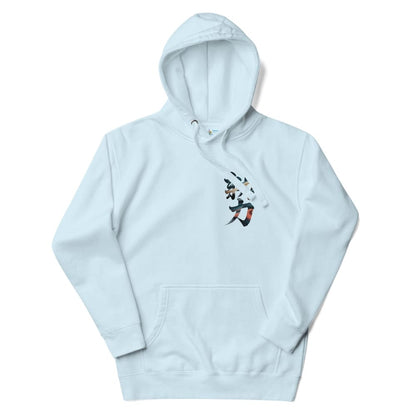Light blue hoodie with black and red design on a white background