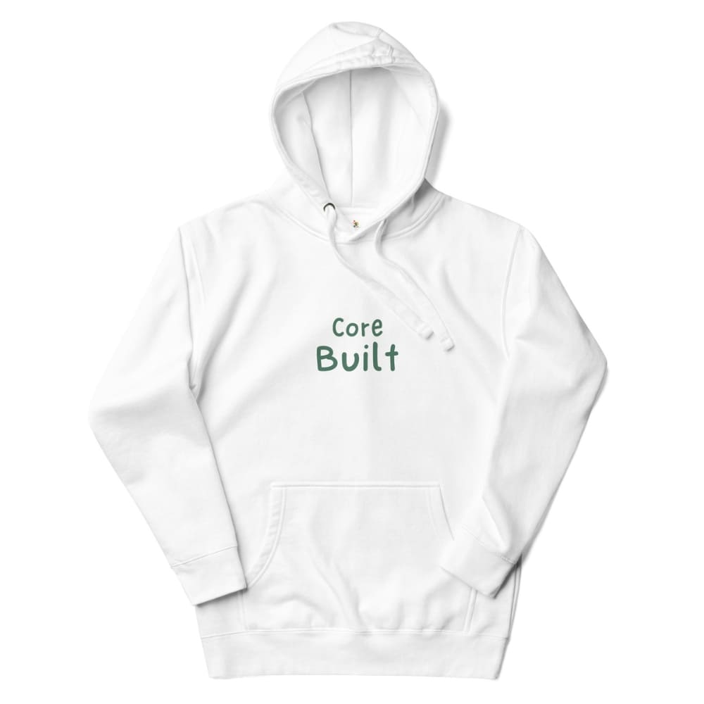 White hoodie with 'Core Built' text on a white background