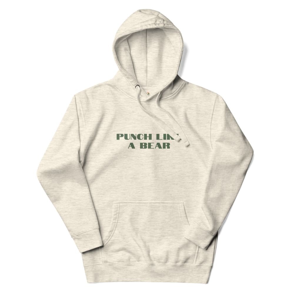 Beige hoodie with 'Punch Like a Bear' text on a white background