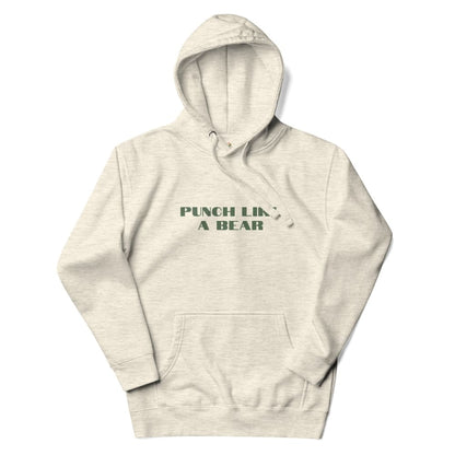 Beige hoodie with 'Punch Like a Bear' text on a white background