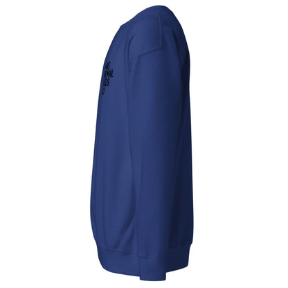 Blue sweatshirt with text on the sleeve against a white background