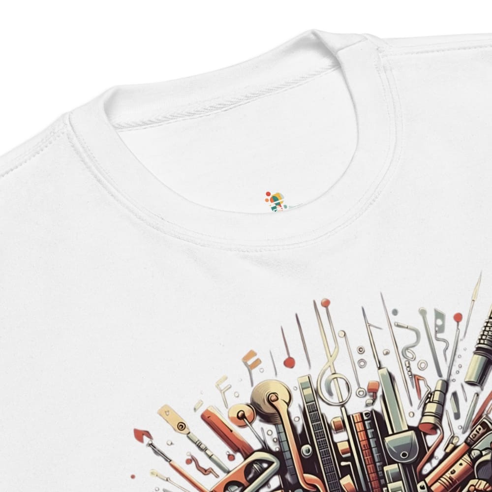 White sweatshirt with colorful illustration of stationery items on a white background