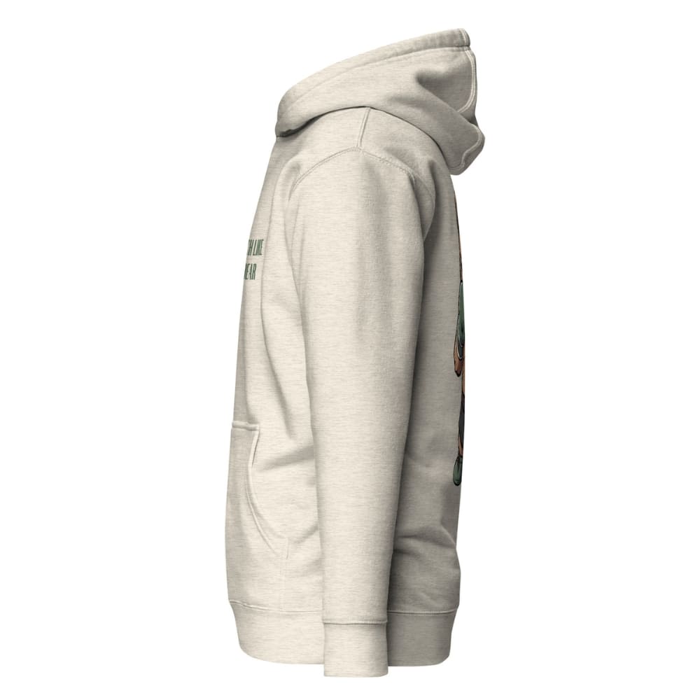 Light gray hoodie with patches on a white background