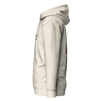 Light gray hoodie with patches on a white background